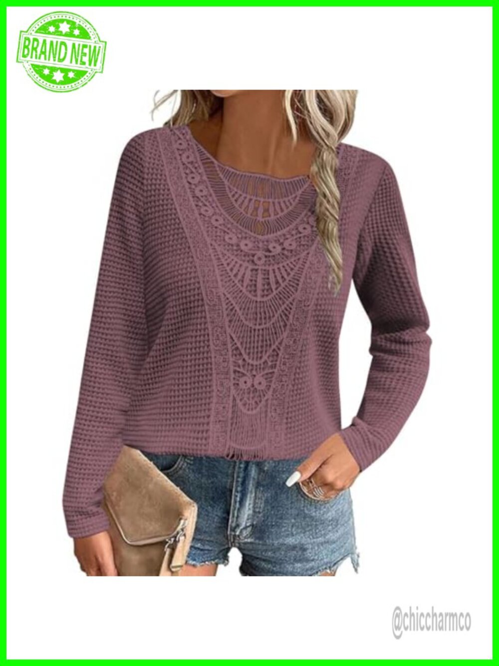 Womens Boho Crochet Knit Lace Top Long Sleeve Crew Neck Blouse